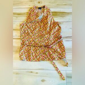 Talbots cotton sleeveless floral fitted blouse with self tie belt size 12P